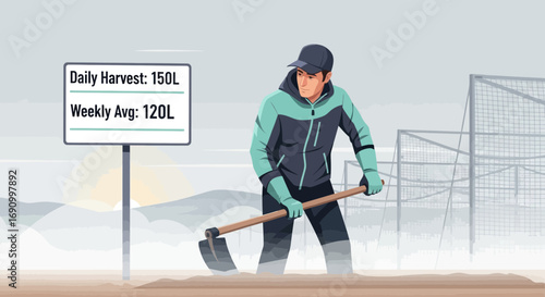 Illustration depicting a farmer working the land with a hoe next to a harvest data sign