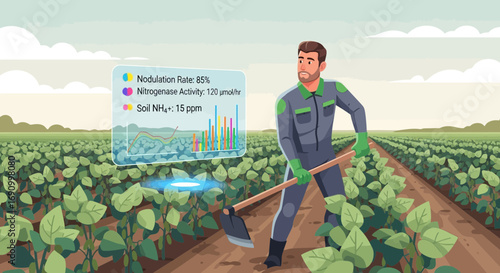 Futuristic farmer using technology to monitor crop health and optimize agricultural practices in