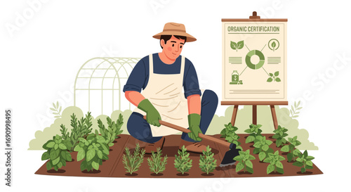 Illustration of a man gardening organically, promoting organic certification standards