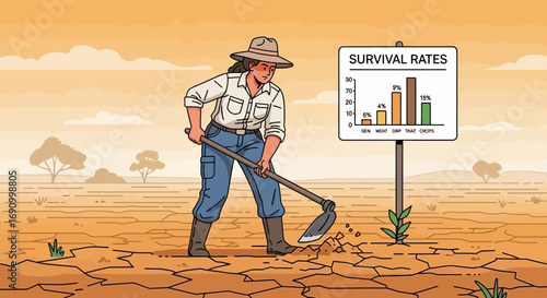 Illustration of a determined farmer working in arid land to improve crop survival rates