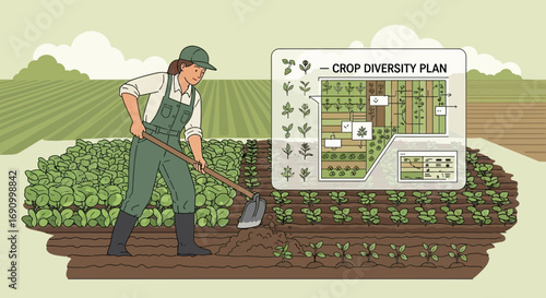 Illustration of a female farmer using a hoe in field with crop diversity plan concept