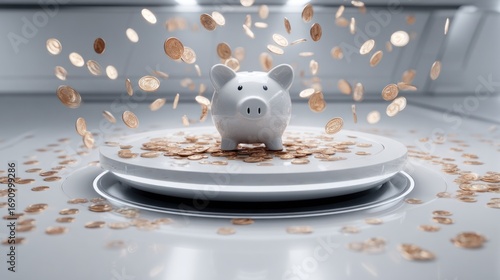 White piggy bank on a circular platform, surrounded by falling coins