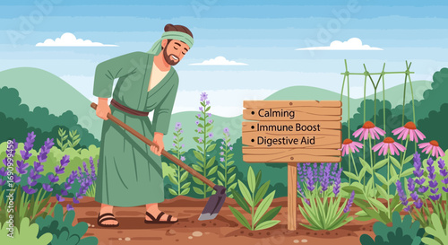 Gardener Tilling Soil with Lavender and Echinacea Plants for Holistic Health Benefits
