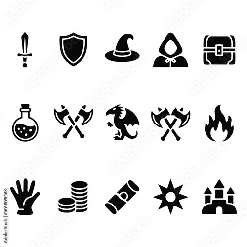 Fantasy RPG Icons: A Collection of Adventure and Game Asset Symbols.