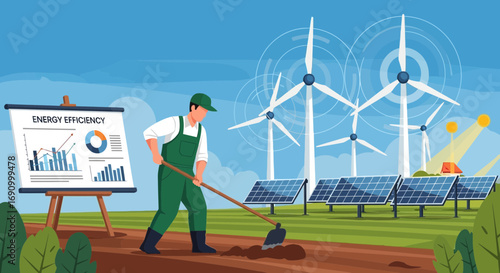 Illustration of sustainable farming practices with renewable energy sources and efficiency graphs