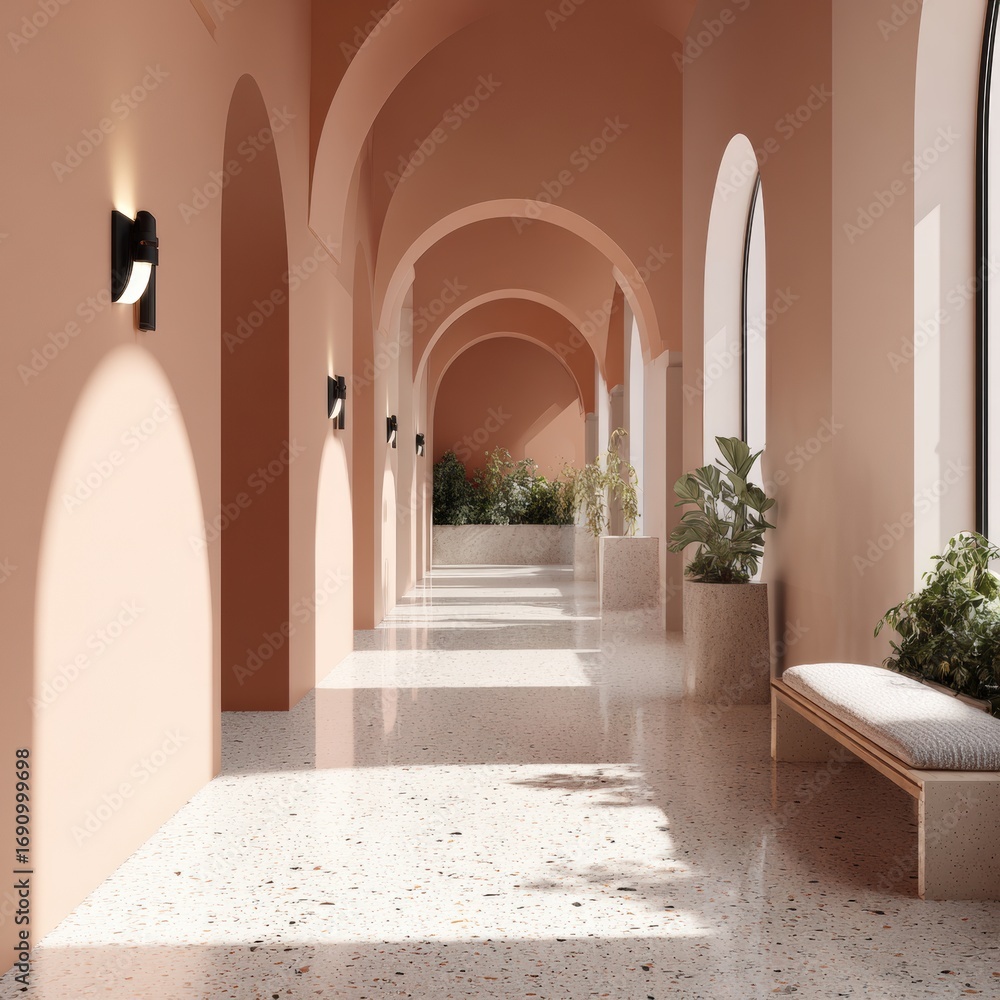 Fototapeta premium A sun-drenched peach hallway