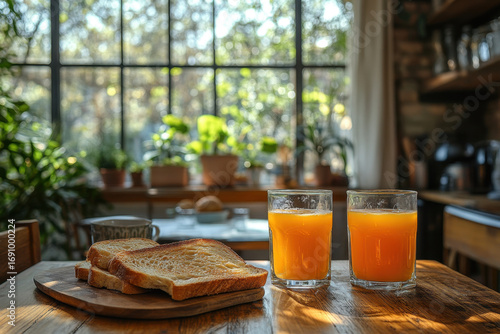 Glass of orange juice and bread on wooden table.