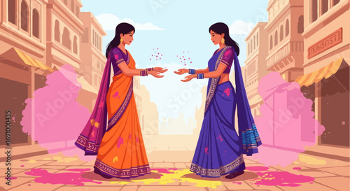 Two Indian Women Throwing Color Powder on Street in Cartoon Style