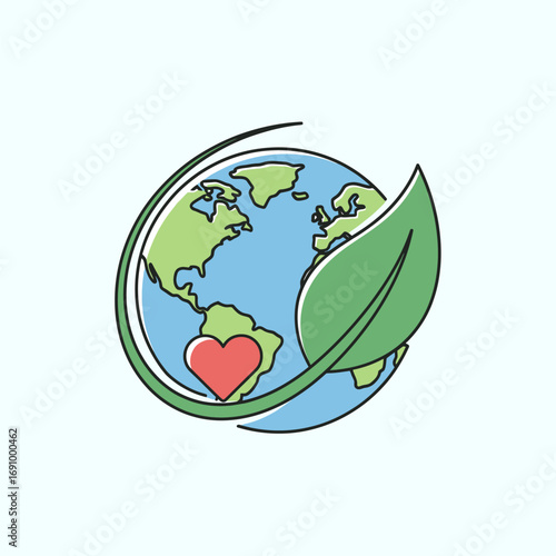 Love Earth Ecology Icon. Planet with Leaf and Heart for Environmental Conservation.