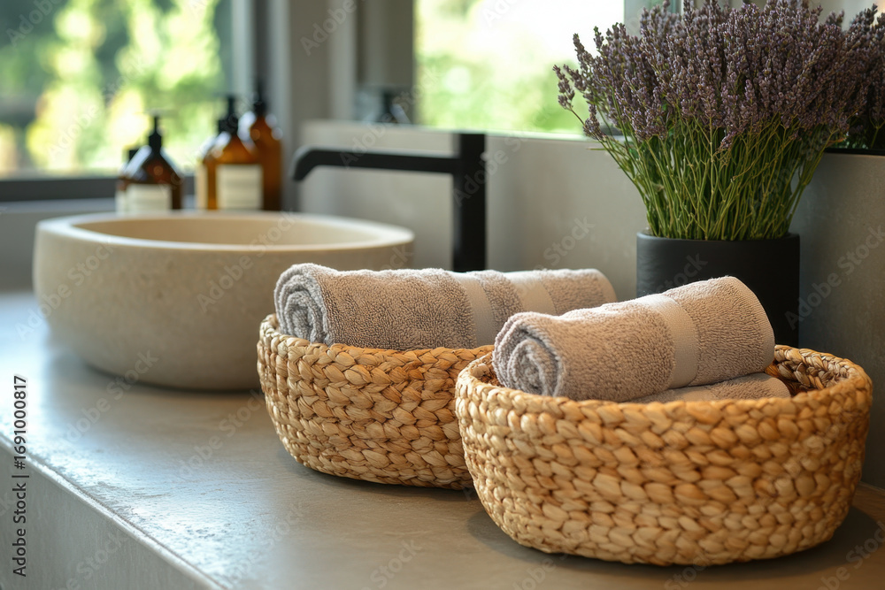 Fototapeta premium towels neatly folded on a bathroom counter.