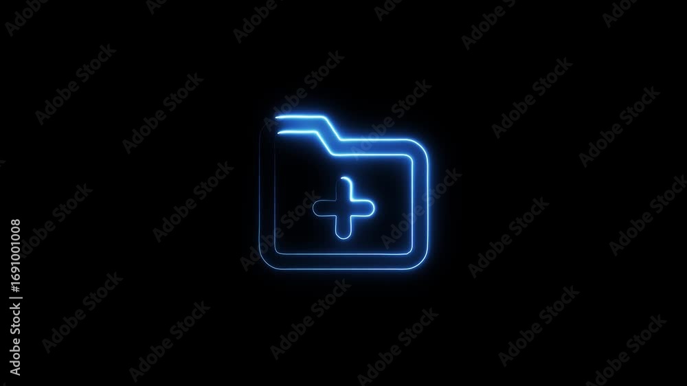 Blue Neon Folder Icon With Plus Sign On Black image