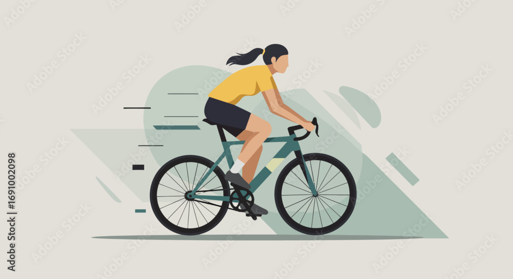 Fototapeta premium Cyclist riding a modern bike with abstract geometric background, clean flat vector, soft muted colors, perfect for editorial and advertising