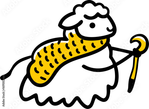 Charming sheep illustration with shepherd's crook and yellow scarf, adorable farm animal design
