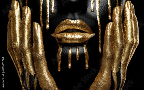 Close-up of a woman's face with gold and black paint