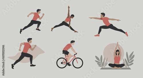 Abstract sports composition of people doing different activities (running, cycling, yoga) in a flat minimal style with muted tones
