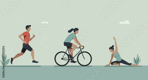 Abstract sports composition of people doing different activities (running, cycling, yoga) in a flat minimal style with muted tones