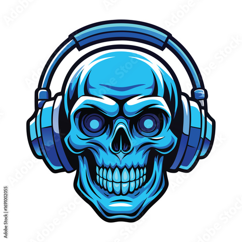 A vector illustration of a human skull with headphones on its bony head, a spooky and scary symbol of death for a tattoo design