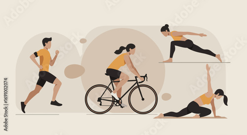 Abstract sports composition of people doing different activities (running, cycling, yoga) in a flat minimal style with muted tones