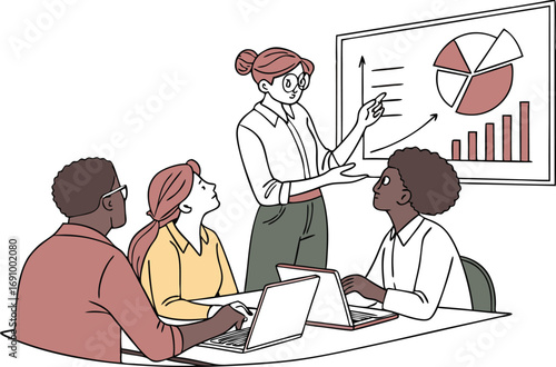 Diverse team collaborates in a modern office setting as a female leader presents business growth charts on a whiteboard during a meeting
