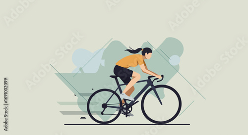 Cyclist riding a modern bike with abstract geometric background, clean flat vector, soft muted colors, perfect for editorial and advertising