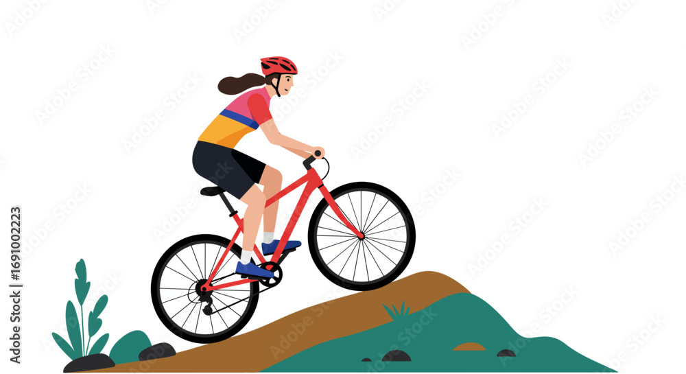 Fototapeta premium Flat vector illustration of a cyclist riding mountain bike on a hill, adventure outdoor sport, healthy lifestyle, white background