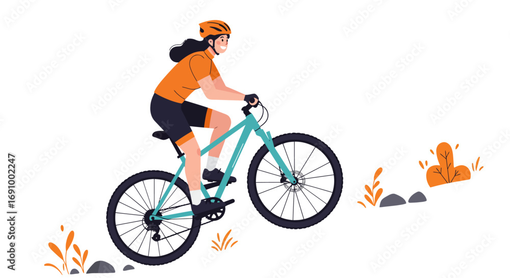 Fototapeta premium Flat vector illustration of a cyclist riding mountain bike on a hill, adventure outdoor sport, healthy lifestyle, white background