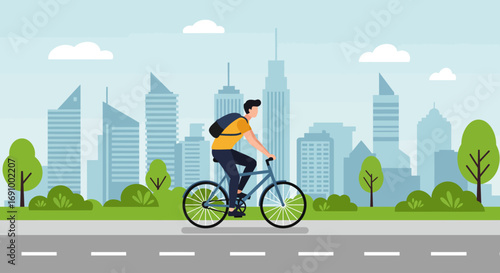 Flat illustration of a person cycling in the city, modern lifestyle, eco transport, sports and fitness concept, vector design