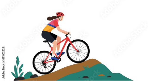 Flat vector illustration of a cyclist riding mountain bike on a hill, adventure outdoor sport, healthy lifestyle, white background