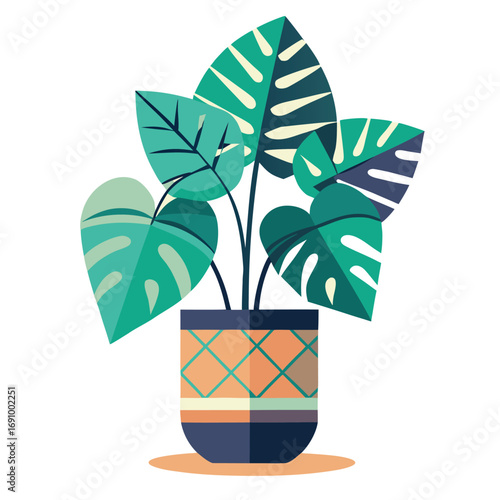 Botanical illustration of a growing floral plant in a decorative pot