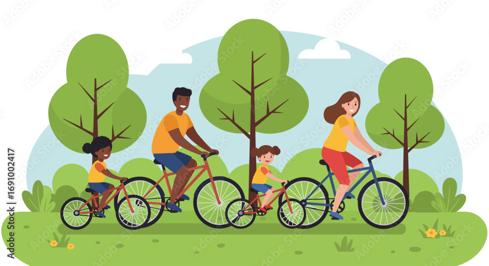 Naklejka premium Illustration of a family riding bicycles together, parents and kids enjoying outdoor activity, healthy lifestyle, flat vector design