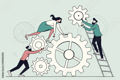 Teamwork of people collaborating to turn large gears for a business project success