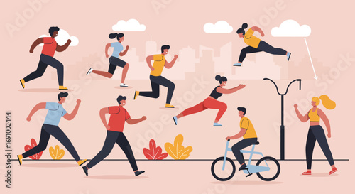 Illustration of diverse people exercising together, running, cycling, and stretching, teamwork and healthy lifestyle, modern flat vector