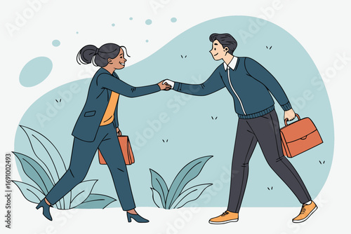 Diverse business professionals shake hands in agreement and partnership success symbolizing teamwork and collaboration during a meeting