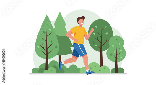 Vector illustration of a young man jogging in the park, surrounded by trees, flat design, healthy lifestyle concept, white background(1)