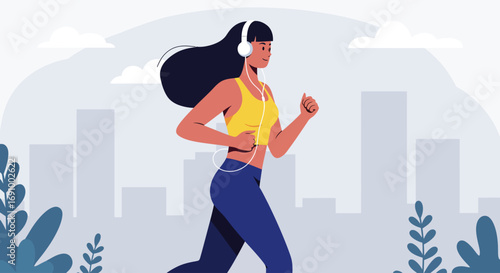 Vector of a young woman jogging while listening to music with headphones, active lifestyle, fitness concept, modern flat illustratio