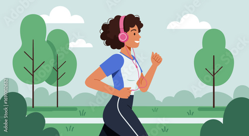 Vector of a young woman jogging while listening to music with headphones, active lifestyle, fitness concept, modern flat illustratio
