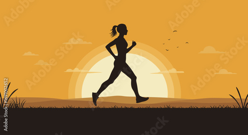 Vector silhouette of a runner exercising at sunset, sport and fitness activity, healthy lifestyle, flat minimalist illustration