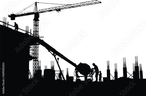 Construction workers silhouettes with crane and concrete mixer, building site, heavy equipment, industrial construction scene, black silhouettes of workers, cranes and machinery