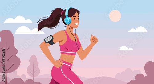 Vector of a young woman jogging while listening to music with headphones, active lifestyle, fitness concept, modern flat illustratio