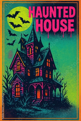 Colorful haunted house art with copy space. Use for Halloween decor, spooky advertising, seasonal greeting cards and haunted attraction promotions
