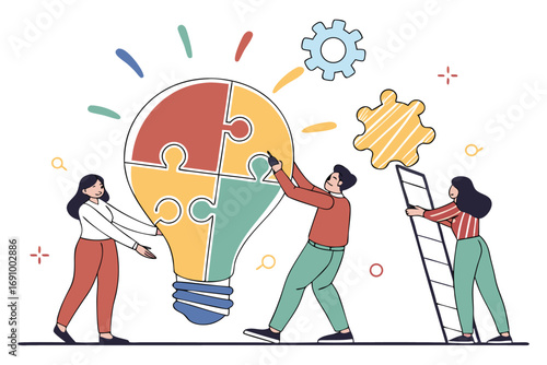 Teamwork and collaboration bring a bright idea to life with a giant light bulb and gears symbolizing innovation and success