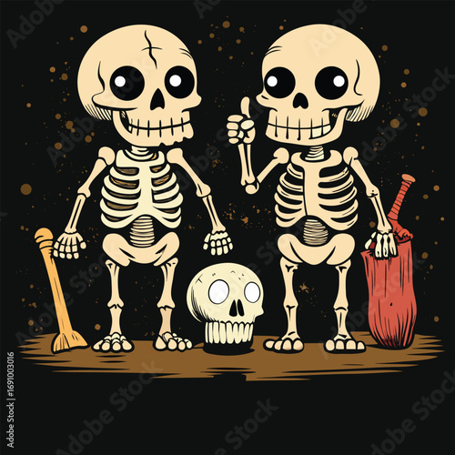 Cartoon Halloween skull and skeleton characters illustration