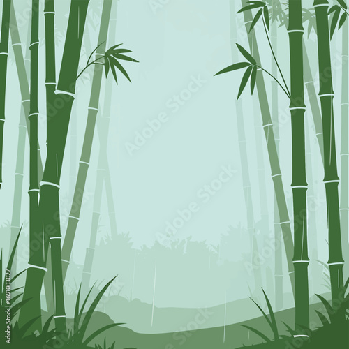 Serene flat design vector of a bamboo forest scene with gentle rain, creating a tranquil atmosphere with lush greenery and refreshing natural sounds.