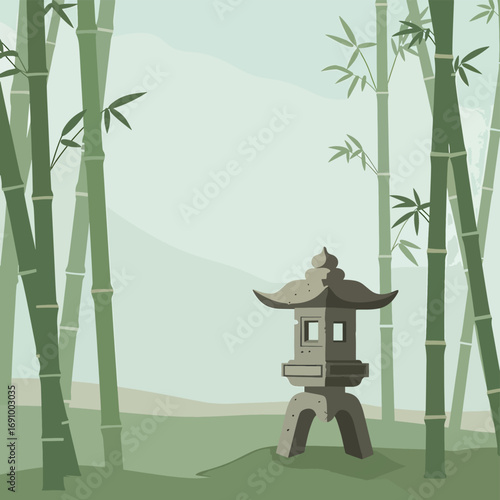 Serene flat design vector of a bamboo forest with a stone lantern, evoking tranquility and natural beauty. Ideal backdrop for relaxation and meditation.