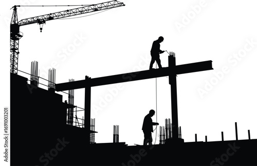 Construction workers silhouettes on building site, steel beams, crane, laborers at work, heavy equipment, industrial construction scene, black silhouettes of workers and cranes