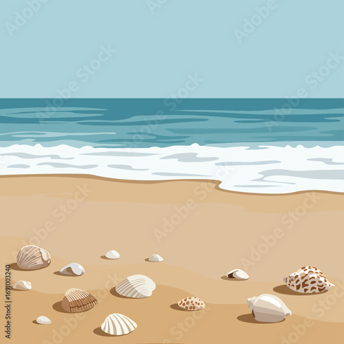 Serene flat design beach scene with beautiful seashells on sandy shore. Gentle waves in background, perfect for summer vibes. Vector illustration.