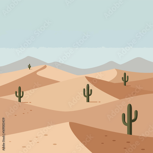 A serene flat design desert landscape featuring rolling sand dunes, green cacti, and distant mountains under a clear light blue sky. Vector illustration.