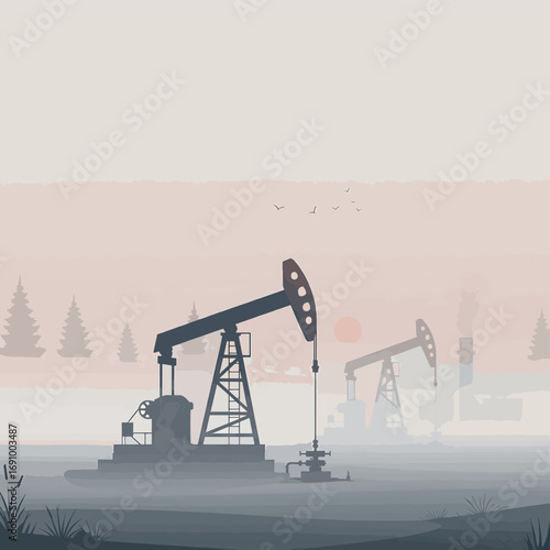 Serene flat design vector illustration of oil pumps in a foggy landscape, highlighting the intersection of nature and industrial energy production.