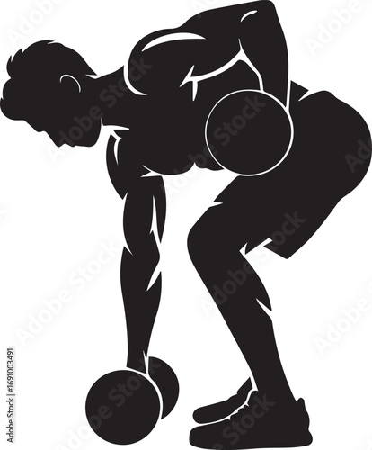 Muscular fitness athlete silhouette performing dumbbell rows for strength training