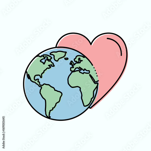 Love Earth Icon. Planet Globe with Heart for Peace and Environmental Care.